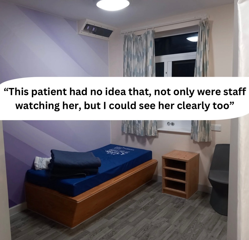 A psychiatric ward bedroom. An Oxevision unit is above the bed. Text reads: “This patient had no idea that, not only were staff watching her, but I could see her clearly too”